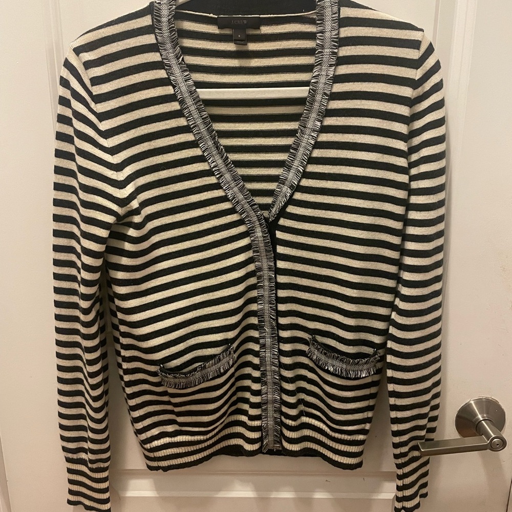 J Crew Black & White Striped V-Neck Cardigan Sweater